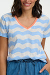 Khloe V Neck T Shirt White & Blue Surf Waves