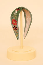 Load image into Gallery viewer, Velvet Embroidered Narrow Headband 70&#39;s Kaleidoscope Floral Sage by Powder