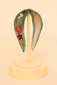 Velvet Embroidered Narrow Headband 70's Kaleidoscope Floral Sage by Powder