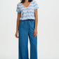 Khloe V Neck T Shirt White & Blue Surf Waves