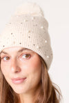 Rhinestone and Pearl Beanie Hat Cream