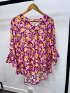 Zoe V Neck 3/4 Sleeve Top in Pink and Yellow