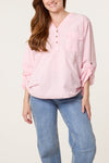Jade V Neck Cotton Shirt Pink