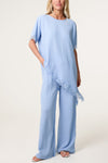 Bailey Asymmetrical Lace Hem Top with Wide Leg Trousers CoOrd Light Blue