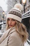 Fair Isle Faux Fur Pom Pom Knit Hat Cream