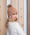 Lovato Beige Pearl Embellished Knitted Beanie Hat